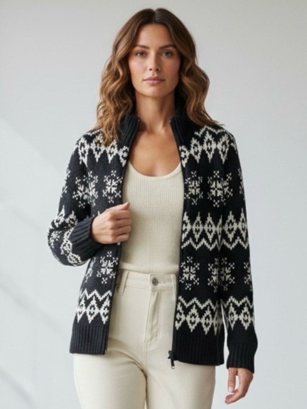 New York & Co Cardigan Ramie Cotton Knit Zip Front Sweater Black Beige Medium